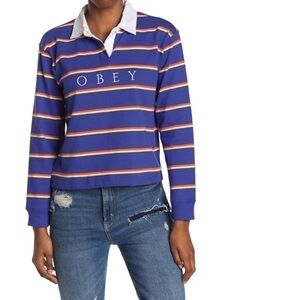 NWT! Obey Noble Striped Cropped Rugby Polo. Size XS